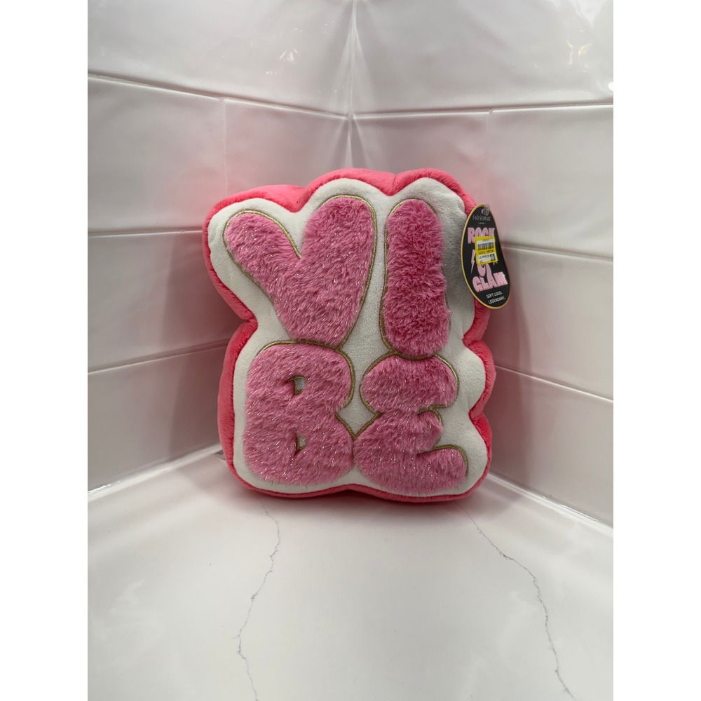FAO Schwarz Rock Glam Vibe Pink Fuzzy Decorative Pillow Glitter Gold Trim NWT